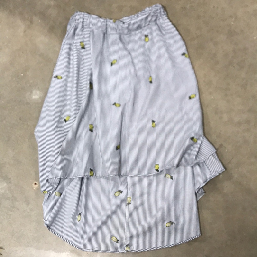 Pineapple skirt!  Navy and white stripe embellished with pineapples.  Size L
